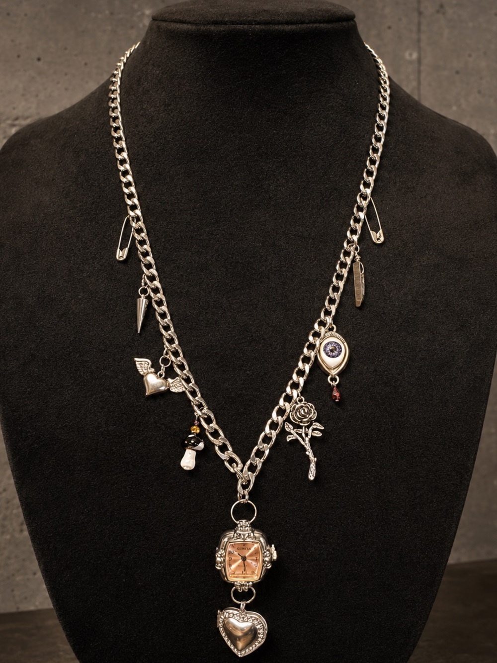 Silver-Tone Charm Necklace with Rose and Heart Accents - Silver